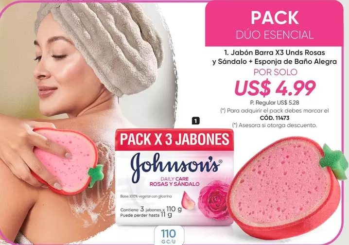 Esencial - PACK DUO ESENCIAL 1. Jabón Barra X3 Unds Rosas y Sándalo + Esponja de Baño Alegría