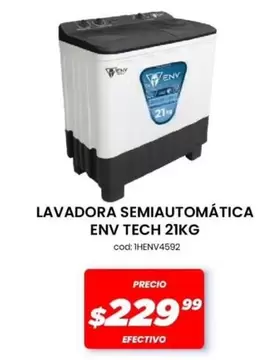 LAVADORA SEMIAUTOMÁTICA ENV TECH 21KG