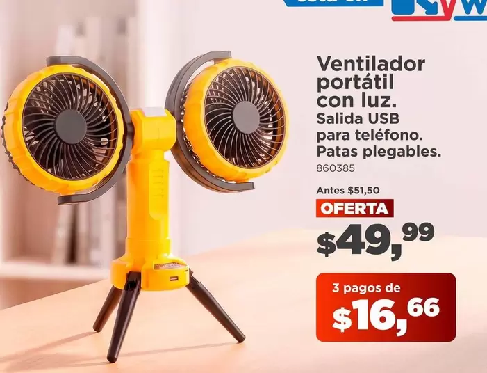 Ventilador portátil con luz. Salida USB para teléfono. Patas plegables. 860385