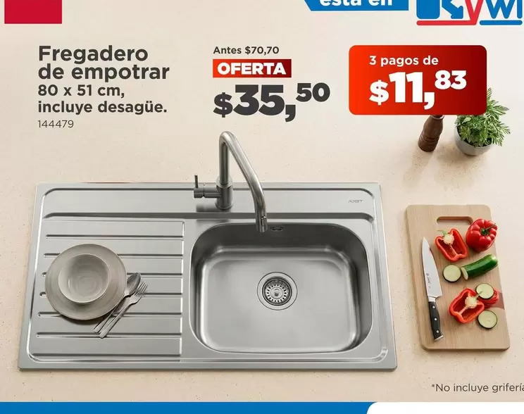 Fregadero de empotrar 80 x 51 cm, incluye desagüe. 144479