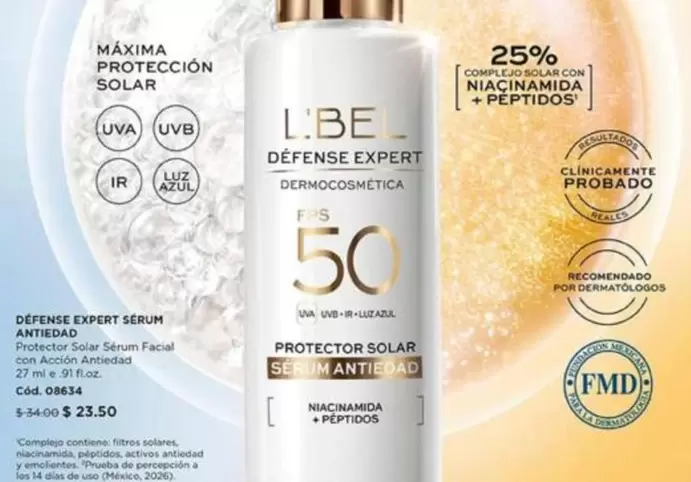 L'bel - DEFENSE EXPERT SERUM ANTIEDAD PROTECTOR SOLAR SERUM FACIAL CON ACCIÓN ANTIEDAD