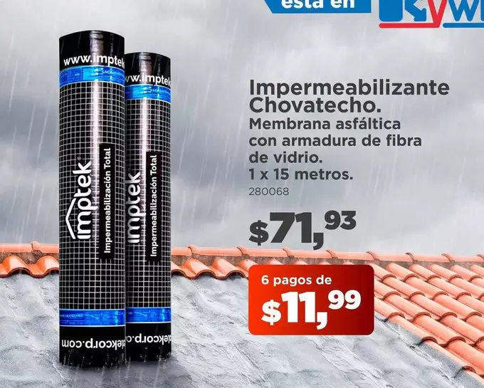 Impermeabilizante Chovatecho. Membrana asfáltica con armadura de fibra de vidrio. 1 x 15 metros. 280068