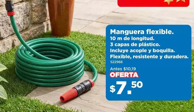 Longitud - Manguera flexible. 10 m de longitud. 3 capas de plástico. Incluye acople y boquilla. Flexible, resistente y duradera. 522966