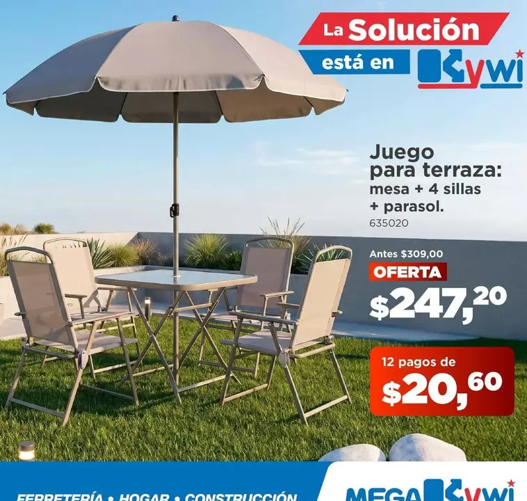 Juego para terraza: mesa + 4 sillas + parasol. 635020