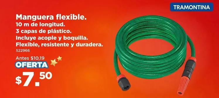 Longitud - Manguera flexible. 10 m de longitud. 3 capas de plástico. Incluye acople y boquilla. Flexible, resistente y duradera. 522966