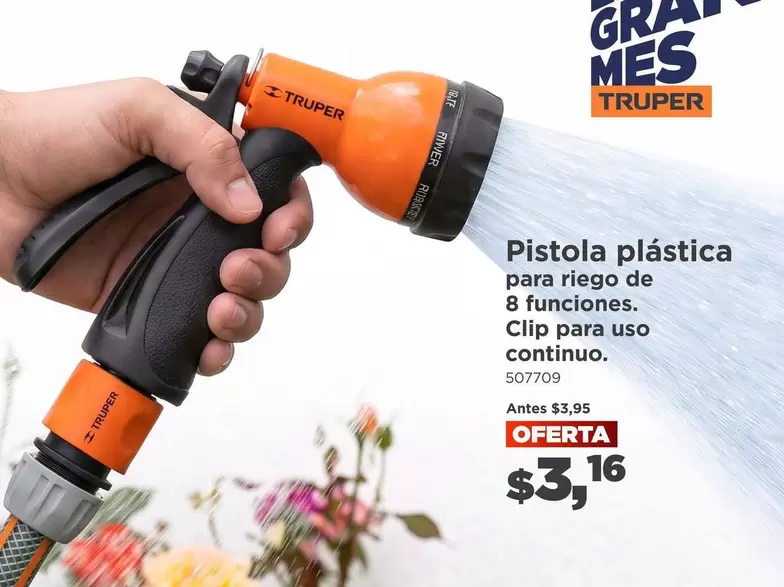 Pistola plástica para riego de 8 funciones. Clip para uso continuo. 507709