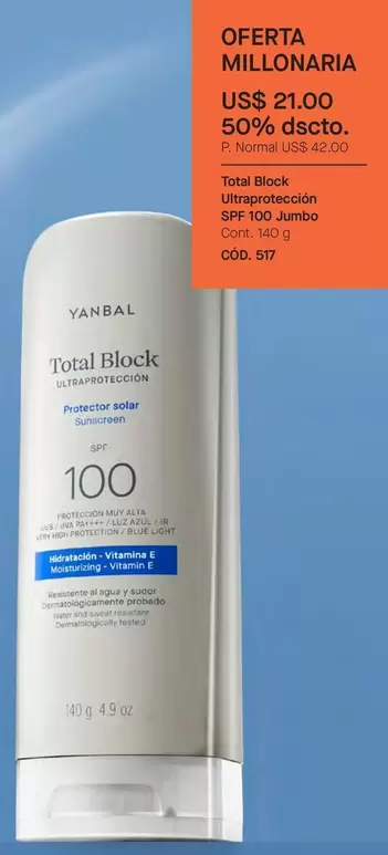 Yanbal - Total Block Ultraprotección SPF 100 Jumbo
