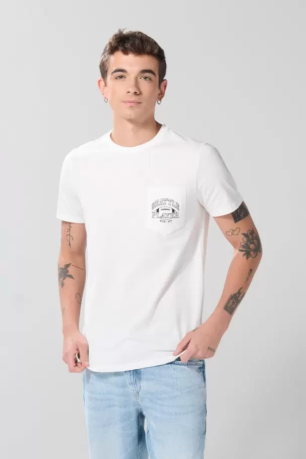 Camiseta college crema clara manga corta con bolsillo