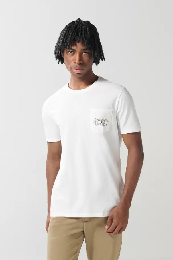 Camiseta crema manga corta con bolsillo y arte college