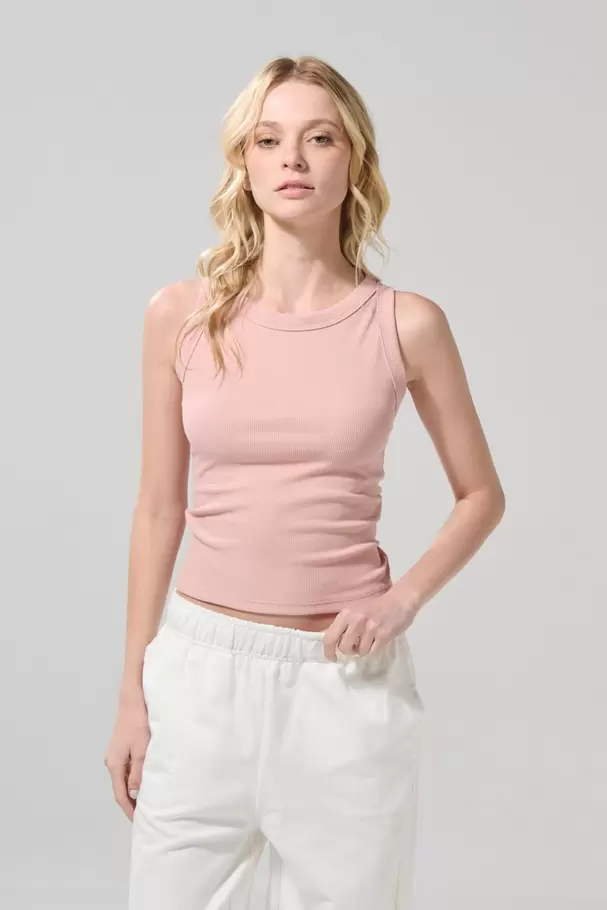 Camiseta acanalada ajustada unicolor con manga sisa