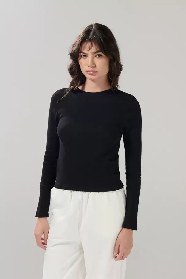 Camiseta acanalada manga larga unicolor con cuello redondo