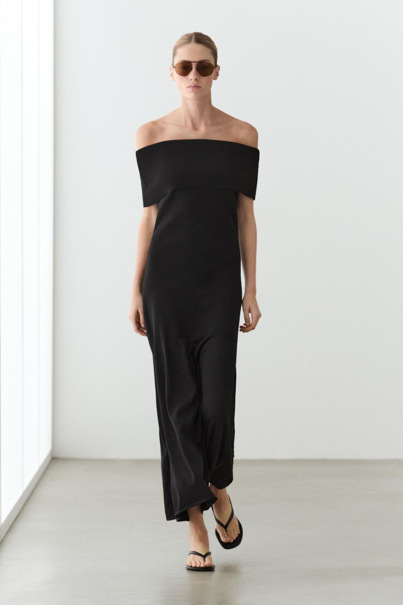 Vestido midi punto hombros descubiertos