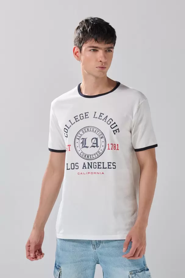 Camiseta crema clara cuello redondo college con contrastes