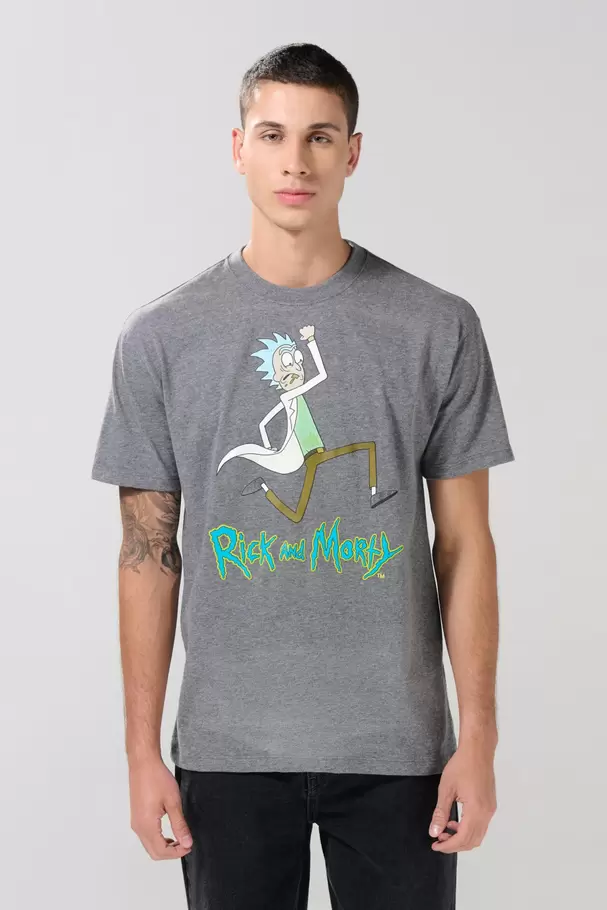 Camiseta manga corta gris intensa con arte de Rick and Morty