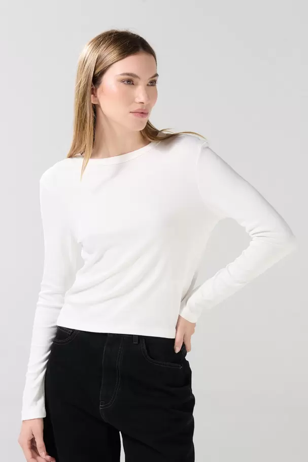 Camiseta en rib ceñida unicolor con manga larga