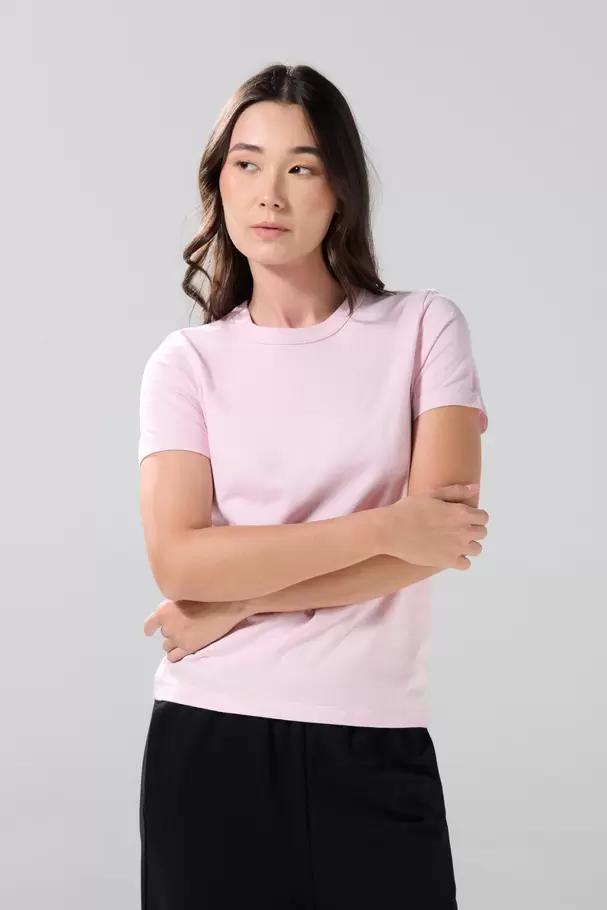 Camiseta ajustada cuello redondo unicolor en algodón