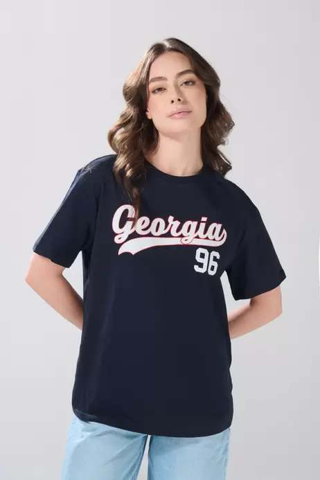Camiseta manga corta college azul con hombro rodado