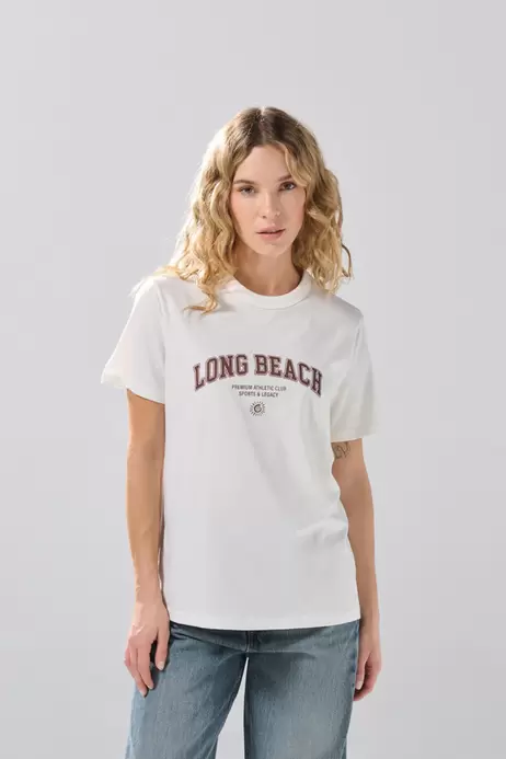 Camiseta ajustada en algodón college crema manga corta