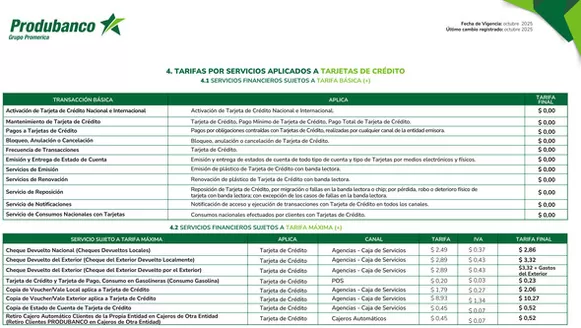 Catálogo Banco Produbanco en Portoviejo | TARIFAS POR SERVICIOS APLICADOS A TARJETAS DE CRÉDITO | 2026-03-10T00:00:00.000Z - 2026-06-30T00:00:00.000Z