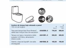 Inodoro de tanque bajo adosado a pared 705 mm de longitud  Taza para tanque bajo Roca Rimless", A342089..0 salida dual. Incluye codo de evacuación  Asiento y tapa de Suprait, de cada amortiguada  Tanq