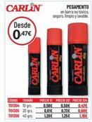 CARLIN  Desde 0,47€  CARLIN  CÓDIGO TAMAND 701304 10 grs.  701305 20 grs.  701306 40grs.  PEGAMENTO en barra no tóxico, seguro, limpio y lavable.  CARLIN  PRECID XI PRECIO X12 PRECIO X24  0.58€ 0,50€ 