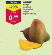 OFERTA  -23%  1,29  0,99  Unidad  EL MERCADO  Mango De Perú/Brasil. Variedad kent/keitt.  Categoria L  500 g aprox. (1,98 €/kg) 