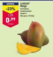 OFERTA  -23%  1,29  0,99  Unidad  EL MERCADO  Mango De Perú/Brasil. Variedad kent/keitt.  Categoria L  500 g aprox. (1,98 €/kg) 