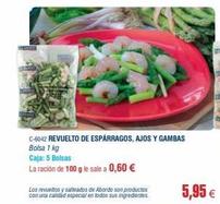 C-6042 REVUELTO DE ESPÁRRAGOS, AJOS Y GAMBAS Bolsa 1 kg  Caja: 5 Bolsas  La ración de 100 g le sale a 0,60 €  Los revueltos y salteados de Abordo son productos con una calidad especial en todos sus in