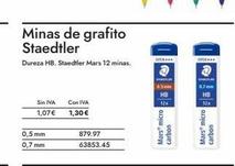 Minas de grafito Staedtler  Dureza HB. Staedtler Mars 12 minas.  Sin IVA  1,07€  0,5 mm  0,7 mm  Con IVA  1,30 €  879.97  63853.45  OPEN  0.5m  HB  12  Mars micro  carbon  HB  12x  Mars micro carbon 