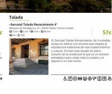 Toledo  -Sercotel Toledo Renacimiento 4* Marques de Mendigorna, 10-45003 Toledo Centro Ciudad Ⓒ2 km - 1 km - 02 km. 95 km 54-100  57€  El Sercotel Toledo Renacimiento, de 4 estrellas. ocupa un edifici