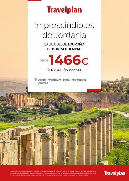Travelplan  Imprescindibles de Jordania  SALIDA DESDE LOGROÑO EL 15 DE SEPTIEMBRE  €1466€  8 días 7 noches  DESDE  Aqaba Wadi Rum. Petra Mar Muerto. Ammán  El precio "desde" corresponde a la salida de