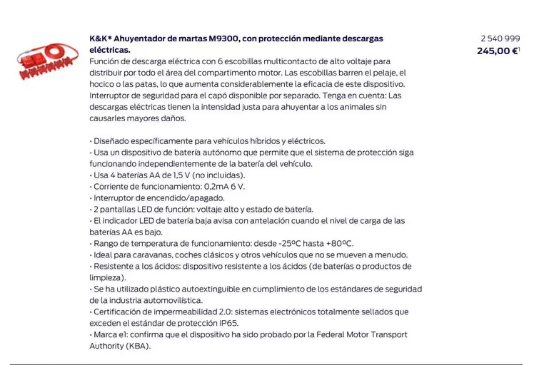 K&K* Ahuyentador De Martas M9300, Con Protección Mediante Descargas Eléctricas