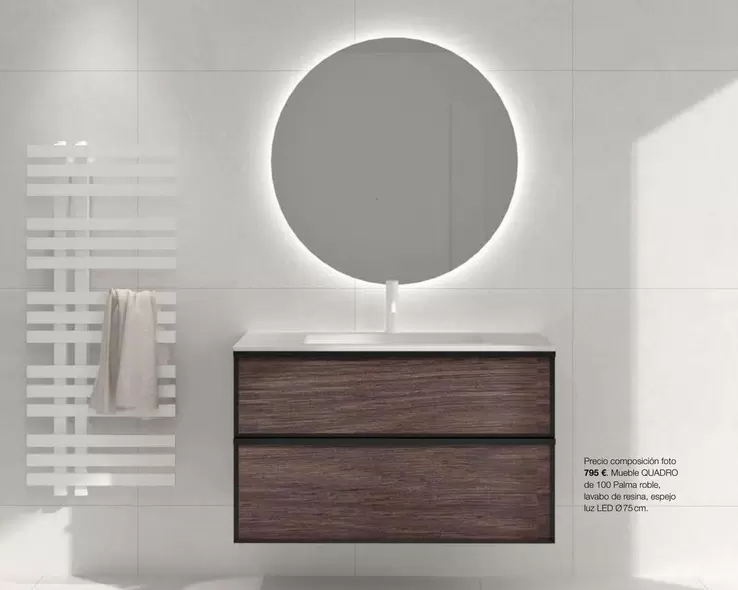 Mueble Quadro Palma Roble, Lavabo De Resina, Espejo Luz LED