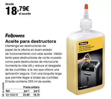 Fellowes - Aceite Para Destructora