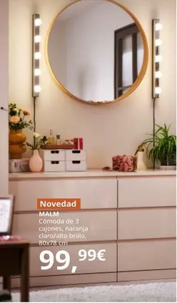 Malm - Comoda De 3 Cajones Naranja Claro/alto Brillo, 80x78 Cm