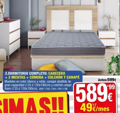2.Dormitorio Completo: Cabecero + 2 Mesitas + Cómoda + Colchón Y Canapé