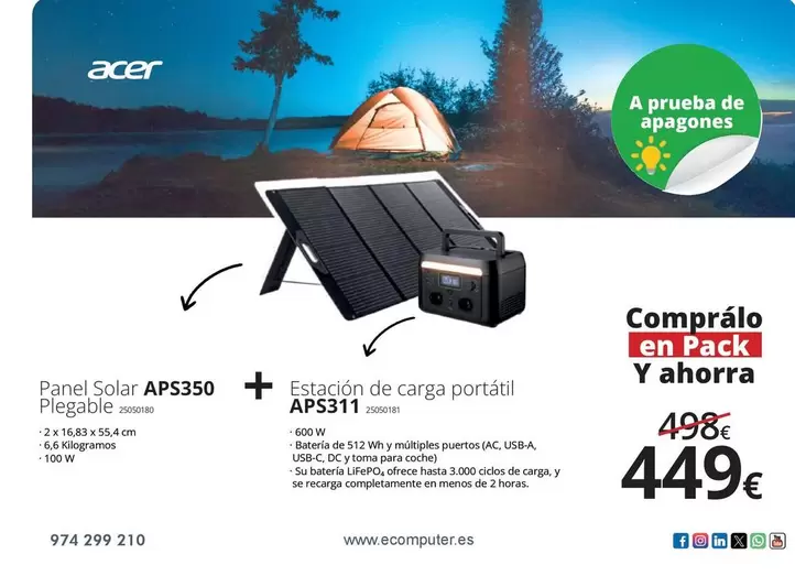 Acer - Panel Solar APS350 Plegable + Estación De Carga Portatil APS311