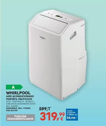 Whirlpool - Aire Acondicionado Portatil PACF212CCO