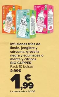 Bio Cupper - Infusiones Frías De Limón Jengibre Y Cúrcuma Grosella Negra Y Equinacea O Menta Y Cítricos  