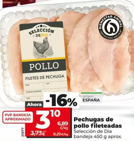 Selección De Dia - Pechugas De Pollo Fileteadas Bandeja 450 G Aprox.