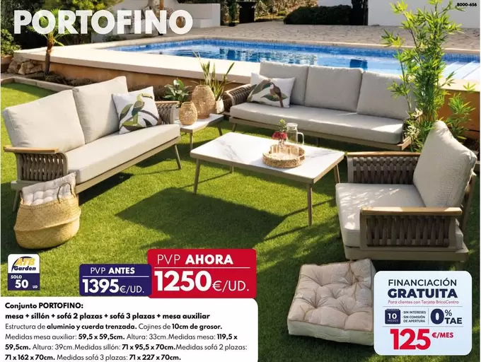 Conjunto Portofino:  Mesa + Sillón + Sofá 2 Plazas + Sofá 3 Plazas + Mesa Auxiliar 
