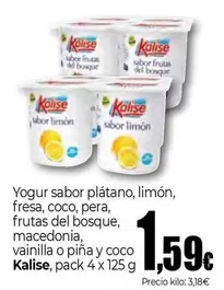 Kalise - Yogur Sabor Platano, Limón, Fresa, Coco, Pera, Frutas Del Bosque, Macedonia, Vainilla O Pina Y Coco