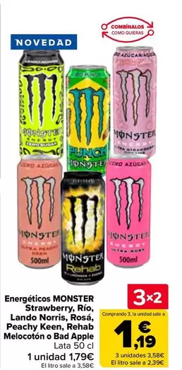 Monster - Energéticos Strawberry, Río, Lando Norris, Rosá, Peachy Keen, Rehab Melocotón O Bad Apple
