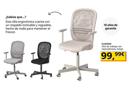 Flintan - Silla De Trabajo Con Reposabrazos, Beige