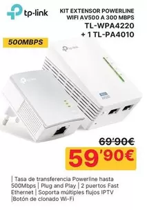 TP-LINK - Kit Extensor Powerline Wifi Av500 A 300 Mbps TL-WPA4220 +1 TL-PA4010 