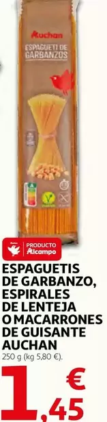 Auchan - Espaguetis De Garbanzo, Espirales De Lenteja O Macarrones De Guisante