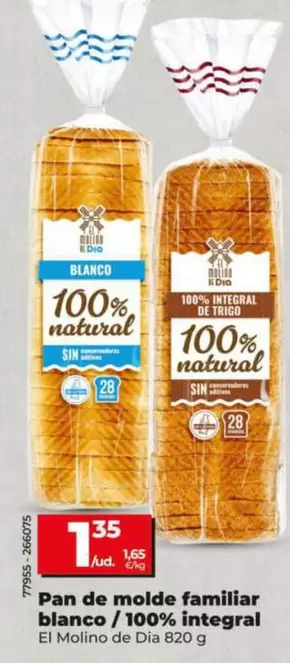 El Molino De Dia - Pan De Molde Familiar 100% Integral El Molino De Dia 820 G