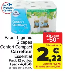carrefour - Paper higienic 2 capes Confort Compact Essential