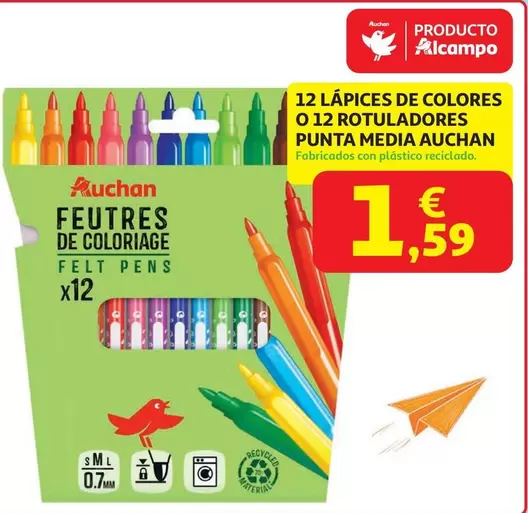 Auchan - 12 Lapices De Colores O 12 Rotuladores Punta Media