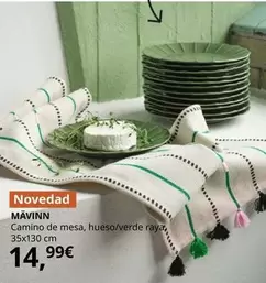 Mavinn - Camino De Mesa, Hueso/Verde Raya, 35x130 Cm